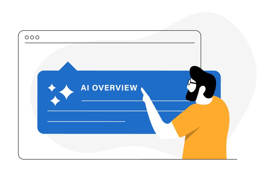 Illustration of a man with a beard clicking on an AI overview.