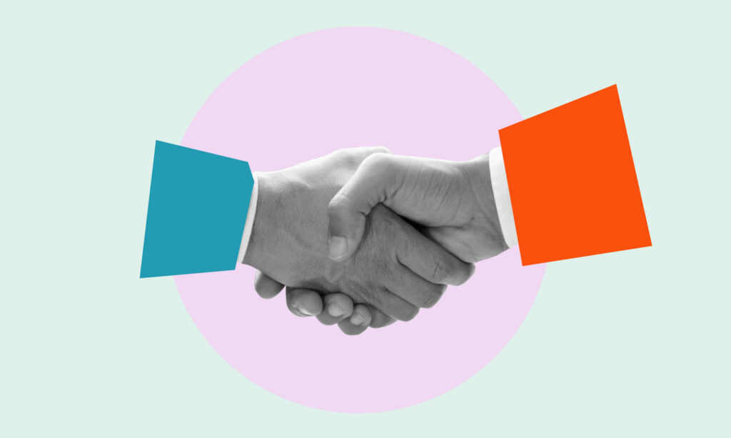 Collage concept of handshake, conceptualizing a partnership between SEO and content marketing.