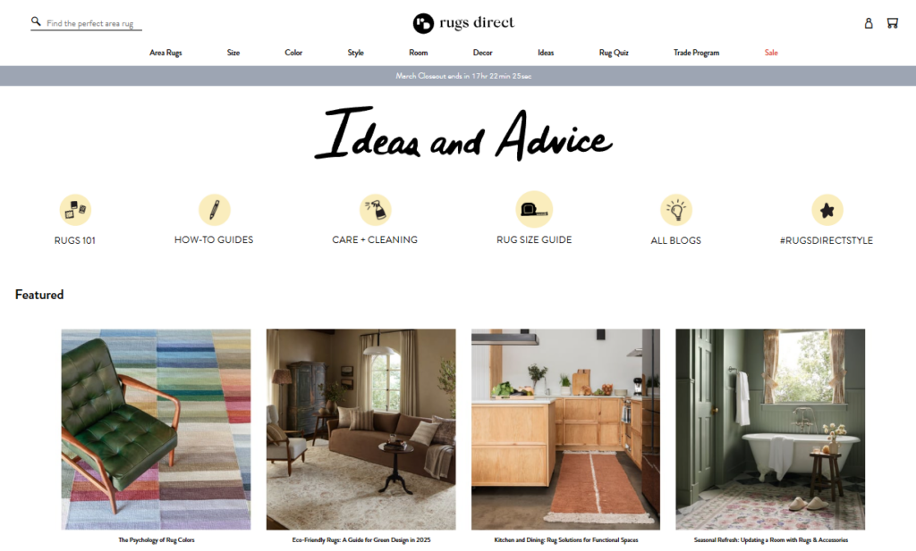 Screenshot of Rugs Direct educational content hub.