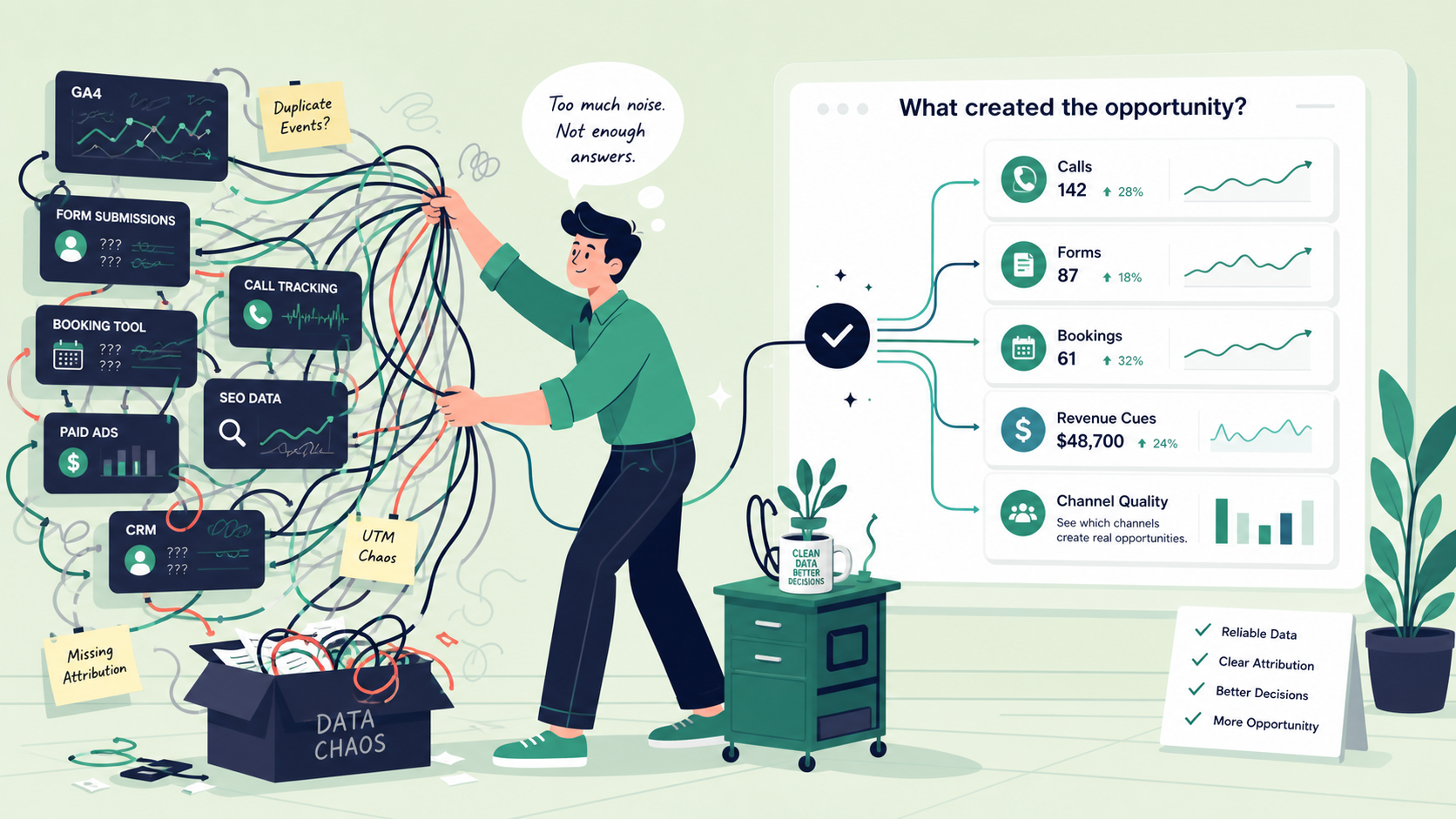 Illustration of analytics tracking cleanup and clearer reporting
