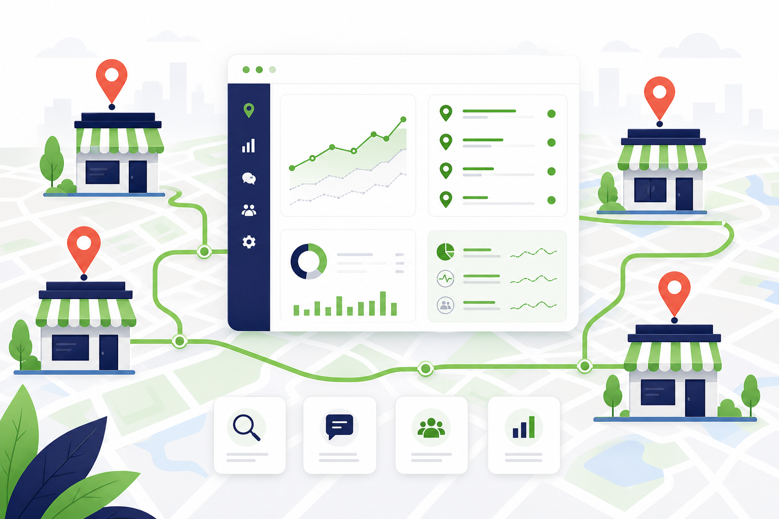 Illustration of multi-location marketing dashboards connected to local storefronts and map pins