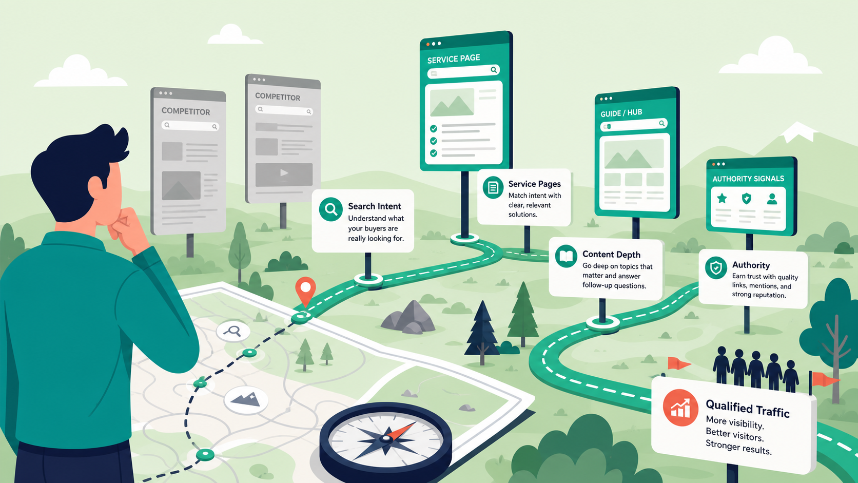 Illustration of organic search visibility strategy and search intent mapping