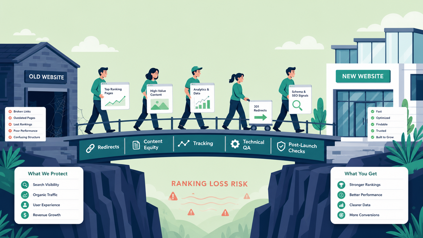 Illustration of a website redesign and SEO migration bridge