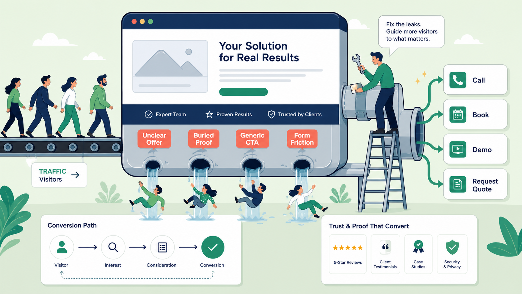 Illustration of website conversion leaks being repaired